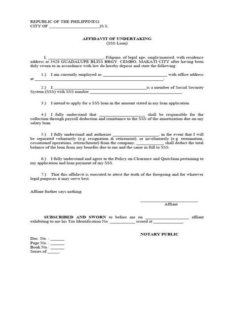 affidavit of undertaking sss|affidavit of separation sss.